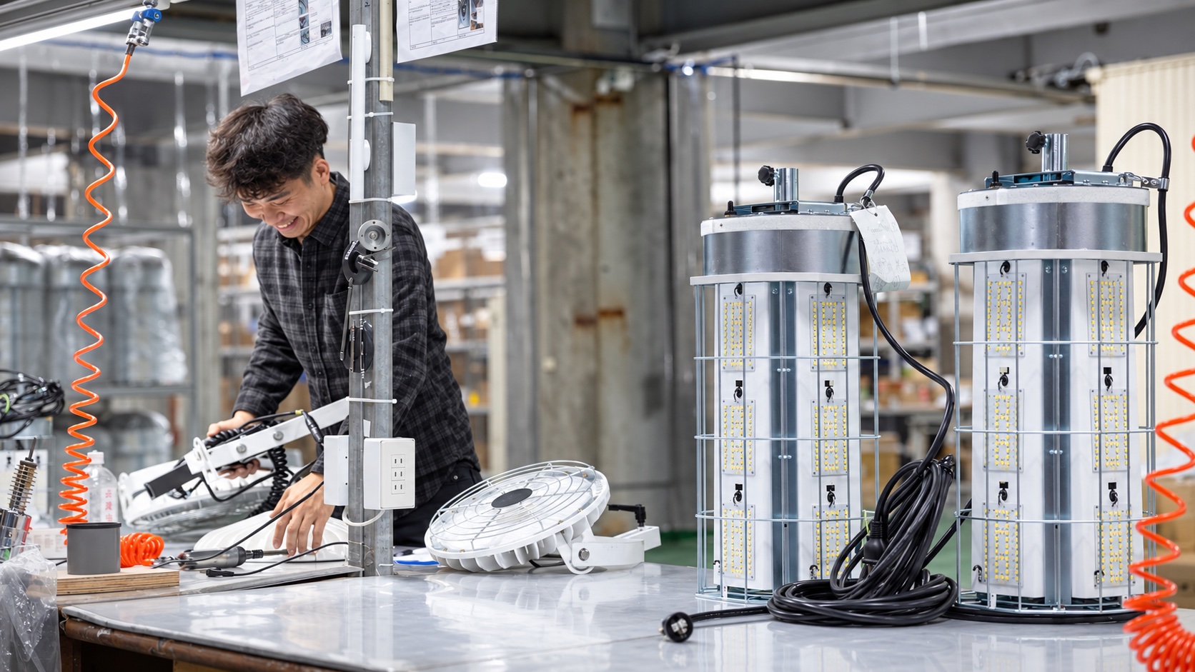 A technician assembles LED lighting equipment at the YUANG LIGHT production facility in Taiwan.