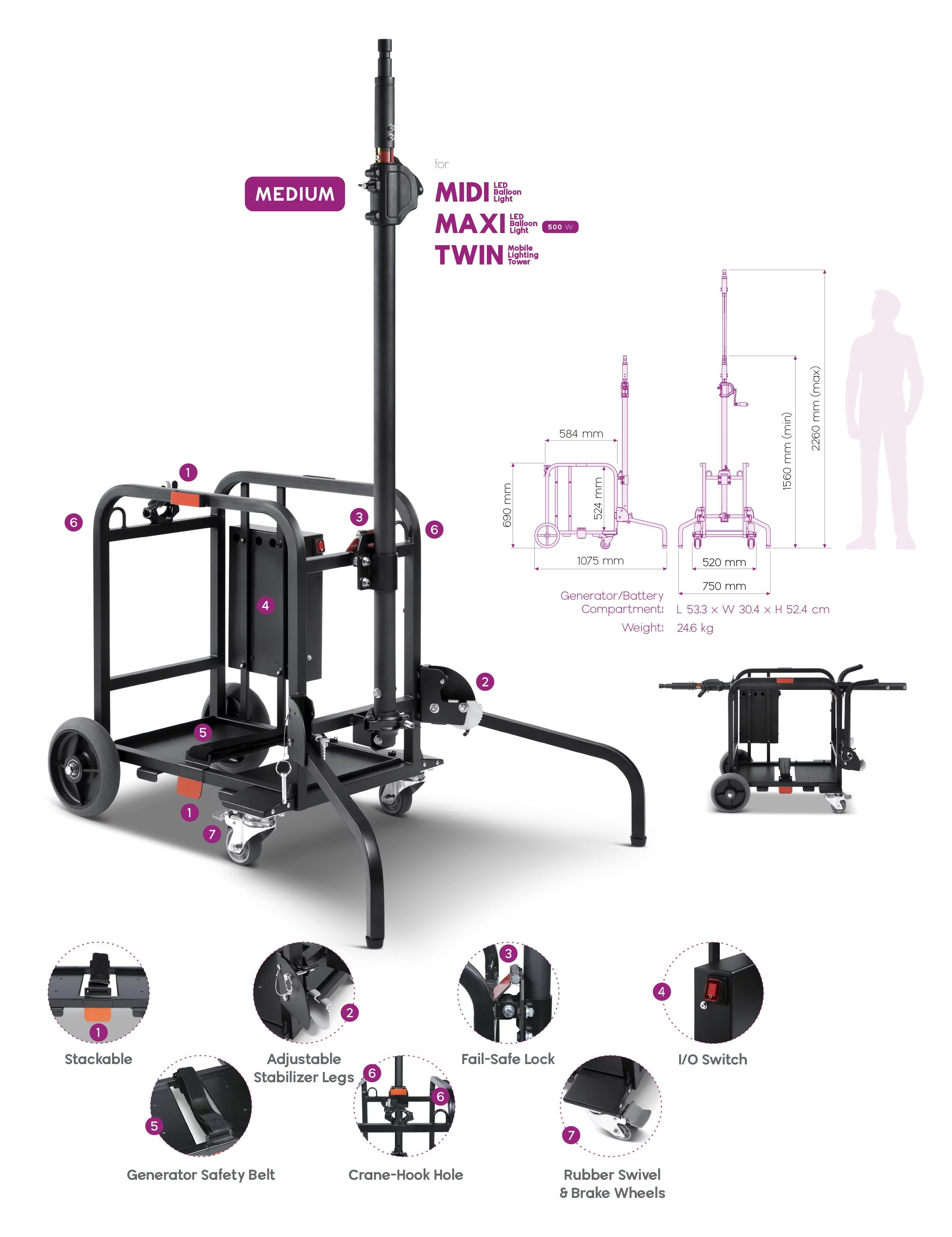 Midi extended iron aluminum trolley battery generator equipped cart